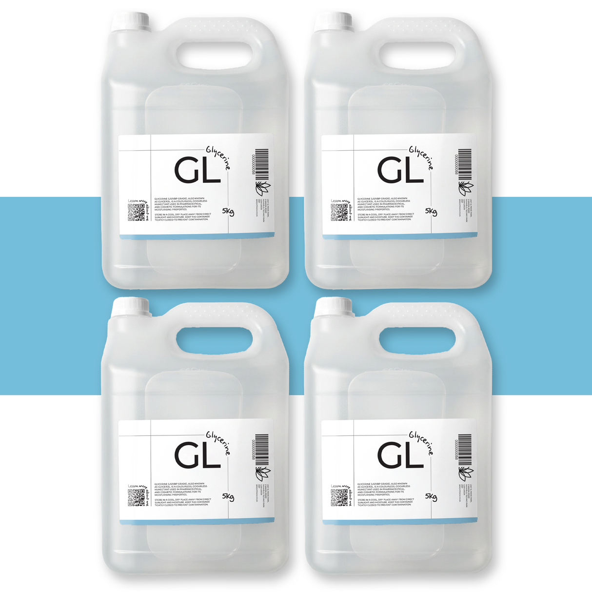 4 x 5Kg Glycerine USP BP Grade cosmetic liquid, colourless and odourless humectant used in skincare, soaps, and formulations for moisturising and hydration