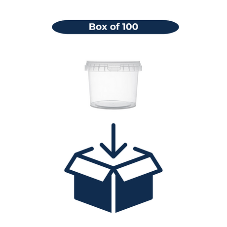 Clear 500ml plastic bucket with a box icon and text 'Box of 100' on a white background