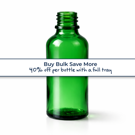 Collection of green 50ml glass dropper bottle, empty cosmetic packaging for serums, oils and skincare formulations