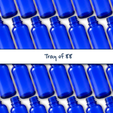 Collection of blue 50ml glass dropper bottles, empty cosmetic packaging for serums, oils and skincare formulations