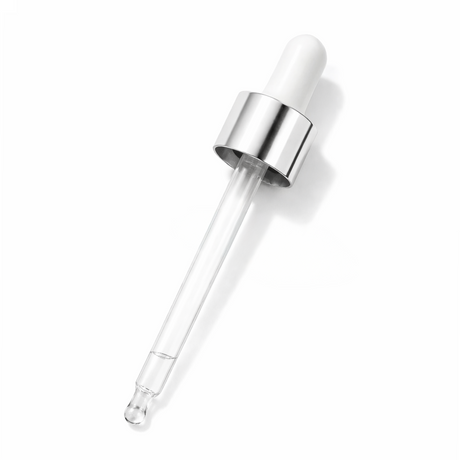 Silver & White glass pipette dropper for cosmetic bottles, ideal for precise dispensing of serums, oils and skincare liquids ideal for 50ml bottles