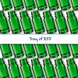 Collection of green 5ml glass dropper bottles, empty cosmetic packaging for serums, oils and skincare formulations 