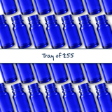 collection of blue 5ml glass dropper bottles, empty cosmetic packaging for serums, oils and skincare formulations