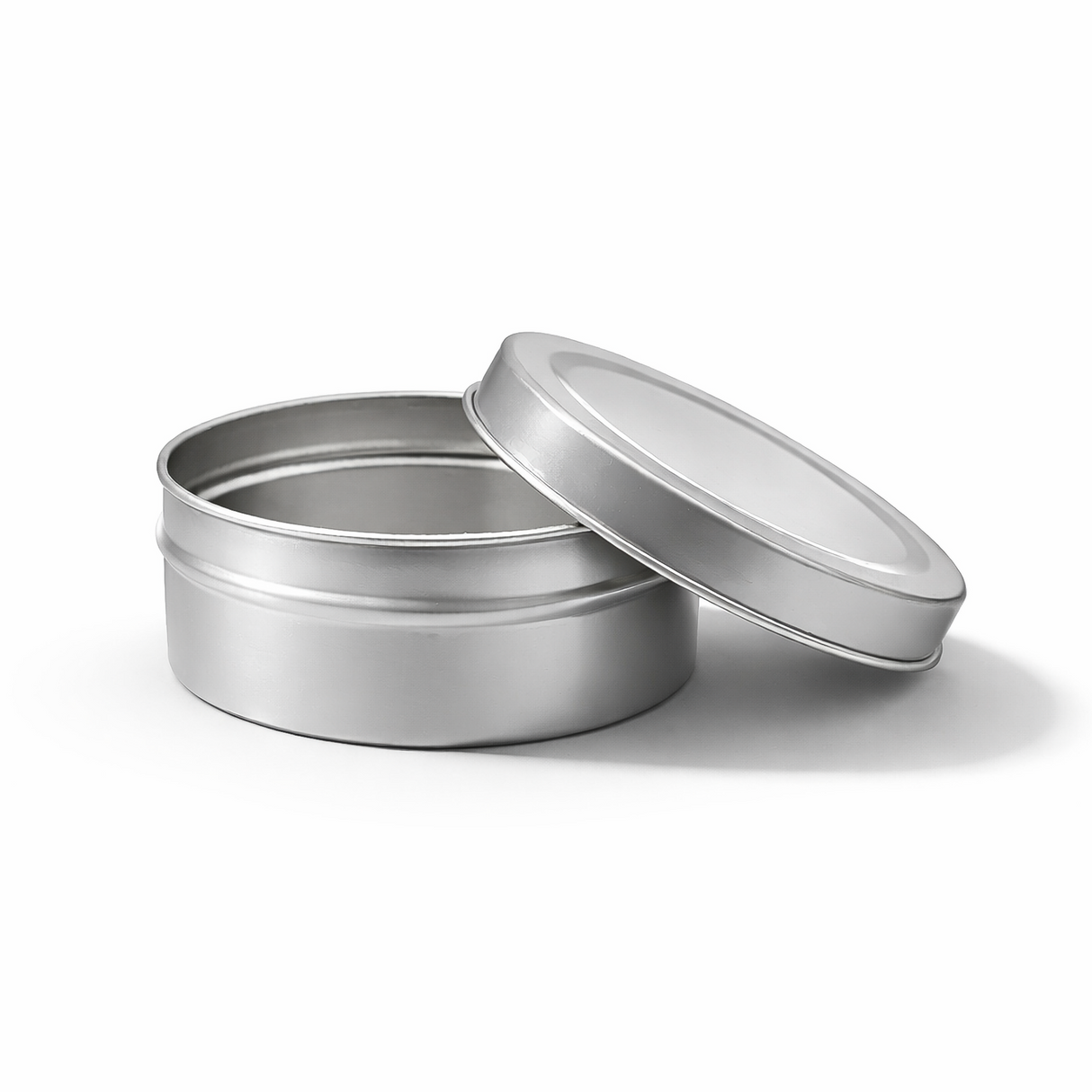 Open silver 90ml aluminium tin container, cosmetic tin packaging for creams, body balms, candles and skincare products