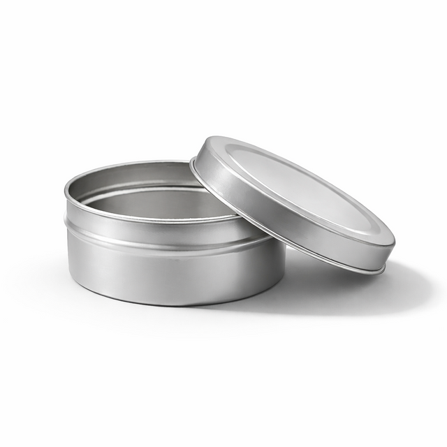 Open silver 90ml aluminium tin container, cosmetic tin packaging for creams, body balms, candles and skincare products