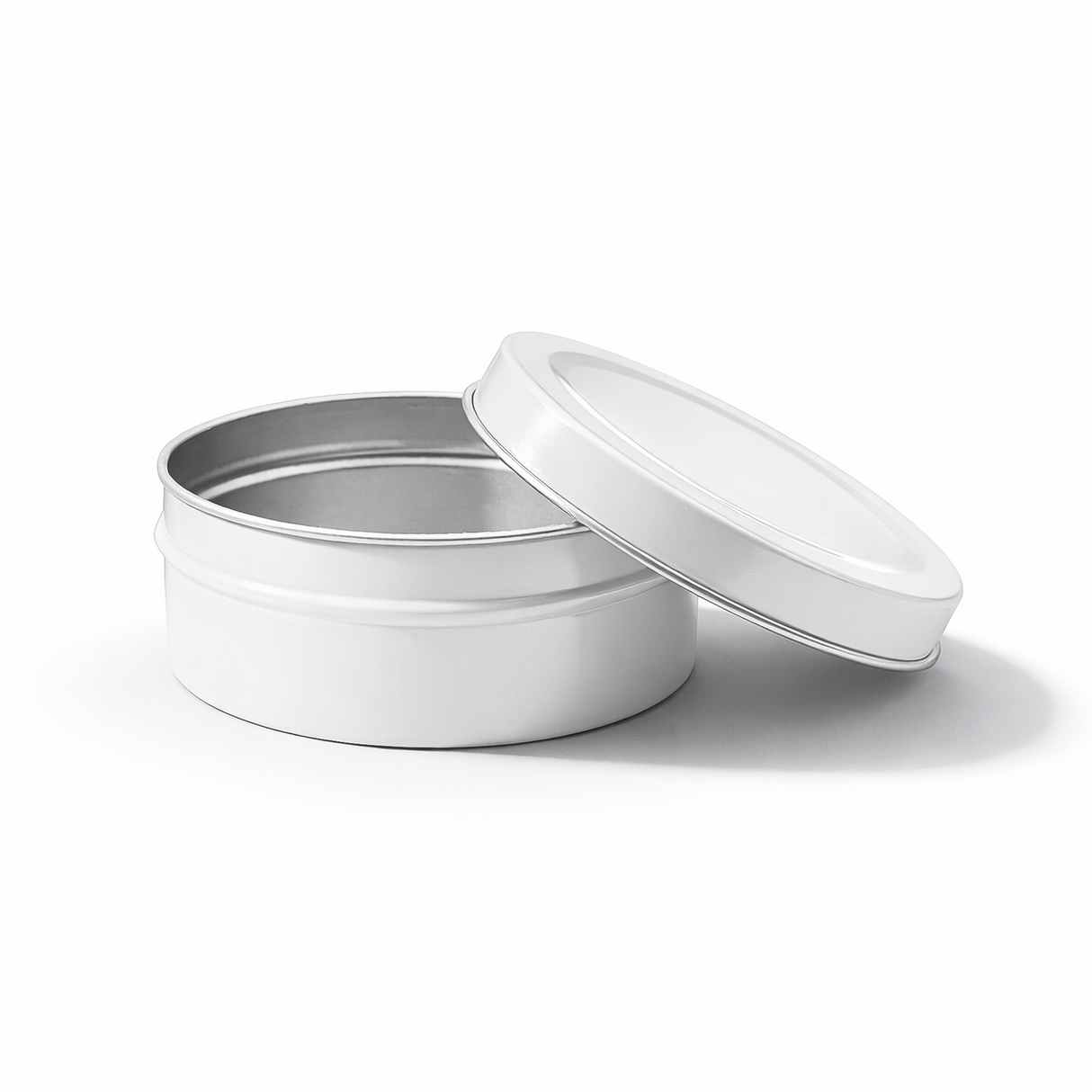 Open white 90ml aluminium tin container, cosmetic tin packaging for creams, body balms, candles and skincare products