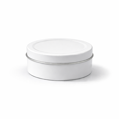 Closed white 90ml aluminium tin container, cosmetic tin packaging for creams, body balms, candles and skincare products