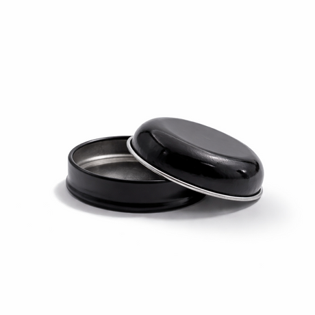 Open Black 9ml aluminium tin container, empty cosmetic packaging for lip balm, samples, salves and solid formulations