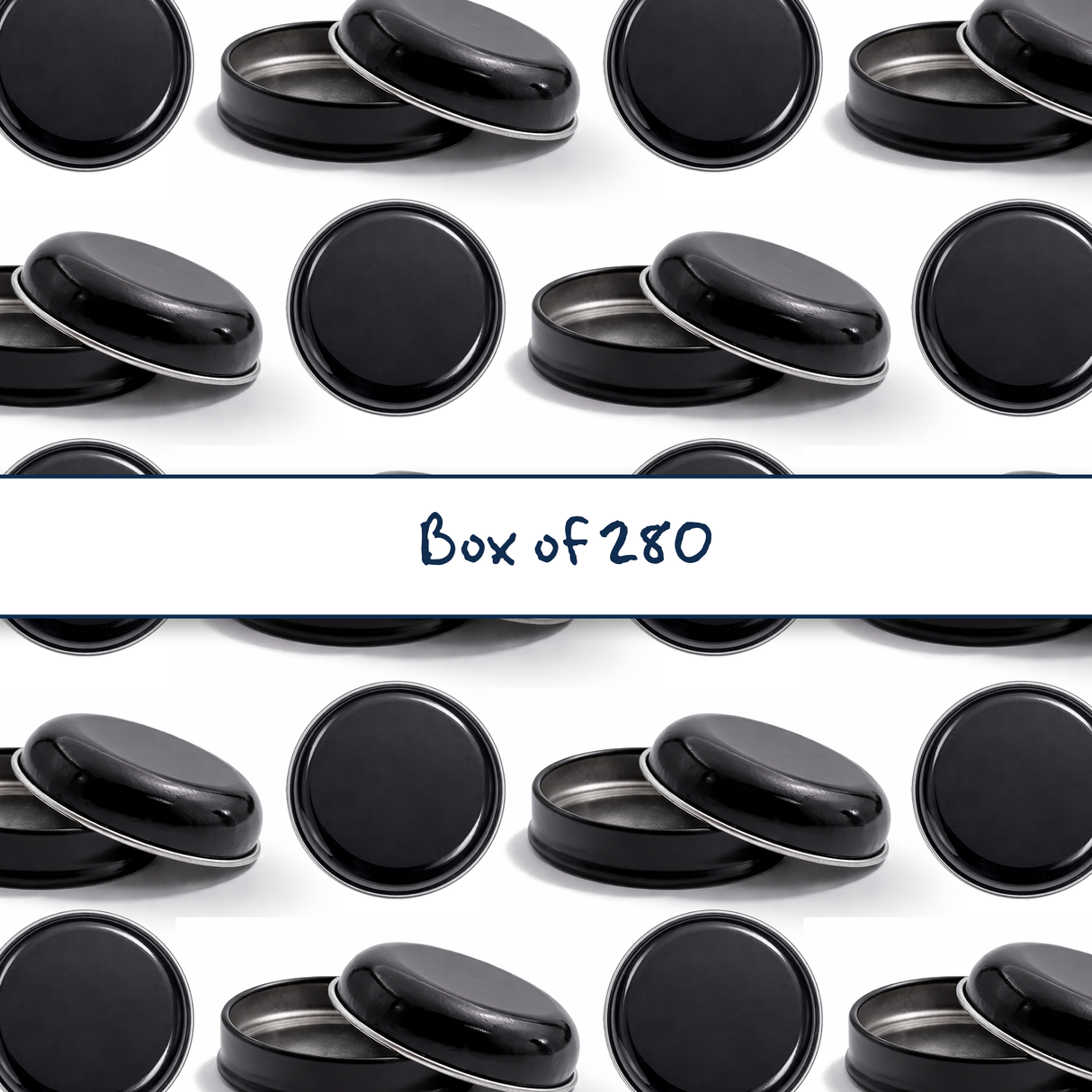 collection of black 9ml aluminium tin containers, empty cosmetic packaging for lip balm, samples, salves and solid formulations