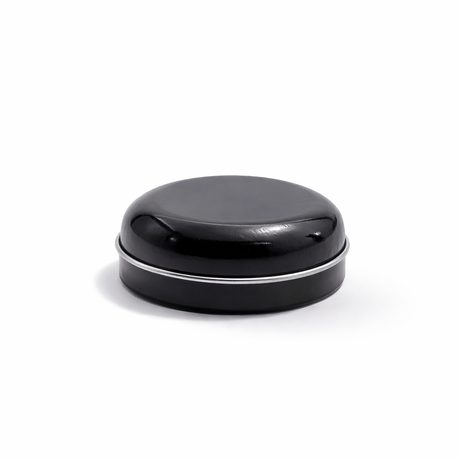 Closed black 9ml aluminium tin container, empty cosmetic packaging for lip balm, samples, salves and solid formulations