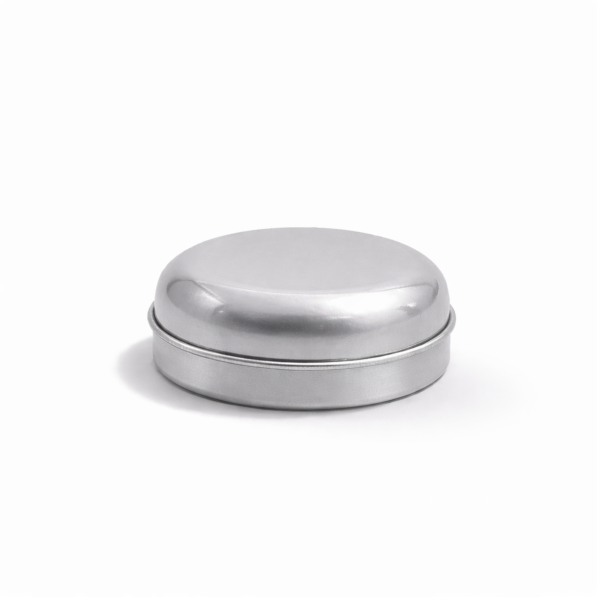Closed silver 9ml aluminium tin container, empty cosmetic packaging for lip balm, samples, salves and solid formulations