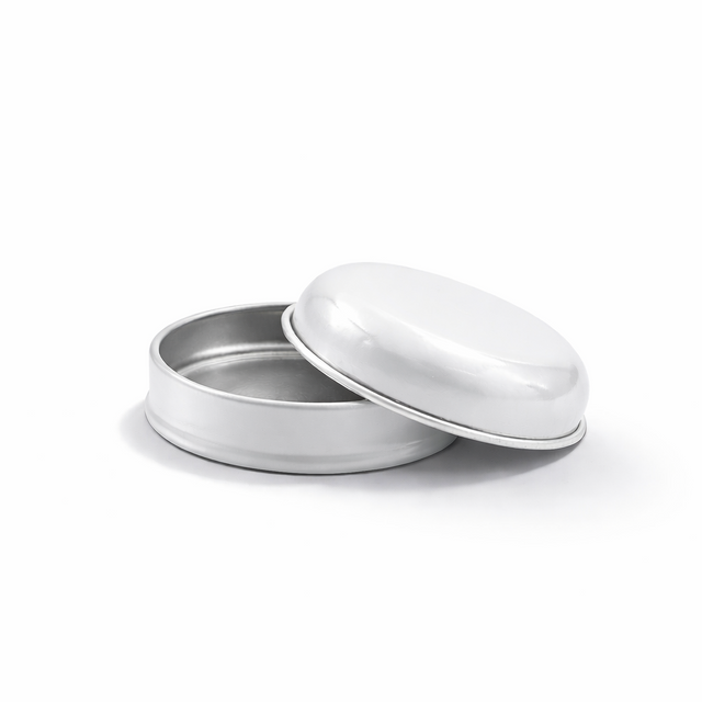 Open white 9ml aluminium tin container, empty cosmetic packaging for lip balm, samples, salves and solid formulations