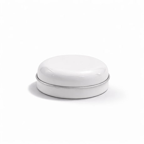 Closed white 9ml aluminium tin container, empty cosmetic packaging for lip balm, samples, salves and solid formulations