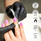 Person applying acetone with black gloves, surrounded by icons indicating product features - protective gear, multi purpose solvent, flammable, cosmetic use, low water content