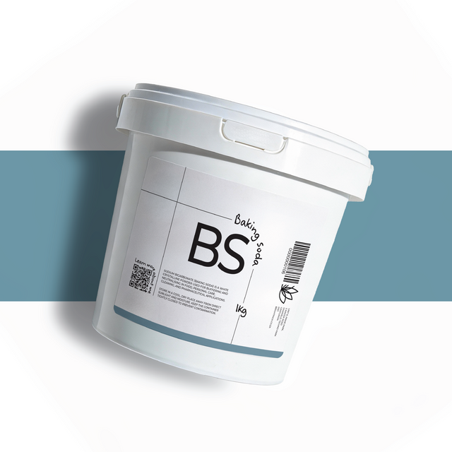 1Kg Sodium Bicarbonate powder cosmetic grade in container, baking soda for skincare, cleaning, and formulation use with buffering and neutralising properties