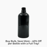 Black 100ml glass dropper bottle on white background with label text