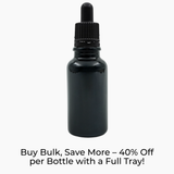 Black 20ml glass bottle with black pipette dropper on white background