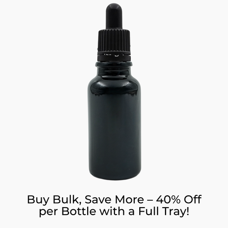Black 20ml glass bottle with black pipette dropper on white background