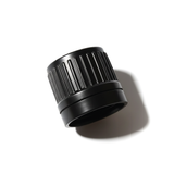 Black Dropper cap with tamper evident seal and 0.7 mm medium flow orifice for cosmetic, pharmaceutical and liquid product bottles