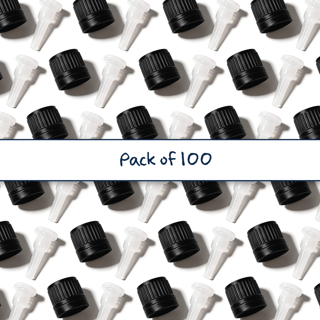 Multiple black Dropper caps with tamper evident seal and 0.7 mm medium flow orifice for cosmetic, pharmaceutical and liquid product bottles