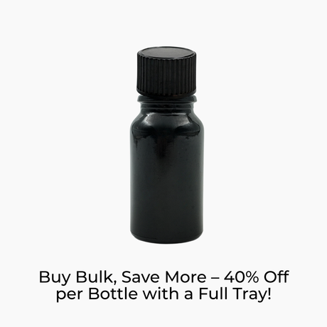 Black 10ml glass bottle with black tamper-evident dropper cap on white background