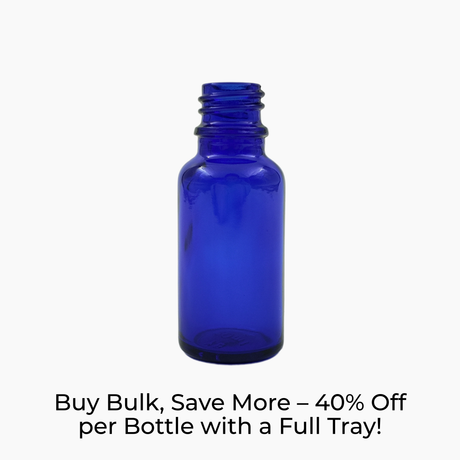 Blue 10ml glass dropper bottle on white background with label text