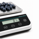 Precision Balance Scale with 0.1 g accuracy weighing blueberries on a stainless steel platform. 