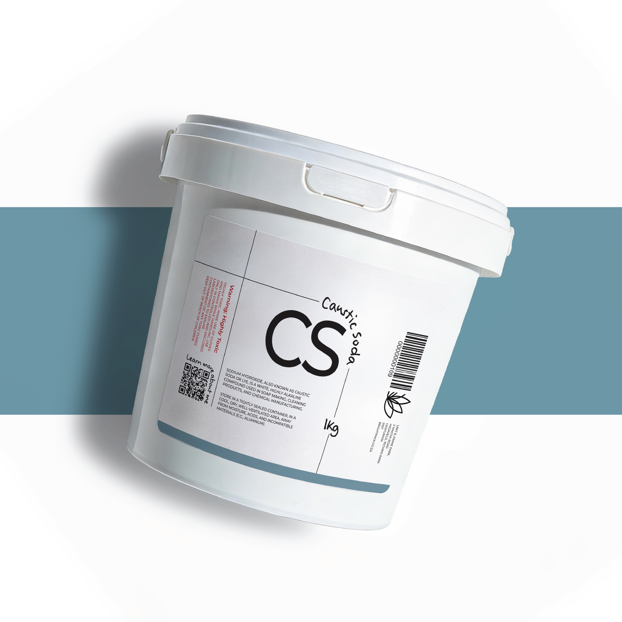 1Kg Sodium Hydroxide pellets in container, caustic soda lye for soap making, cleaning products, and formulation use