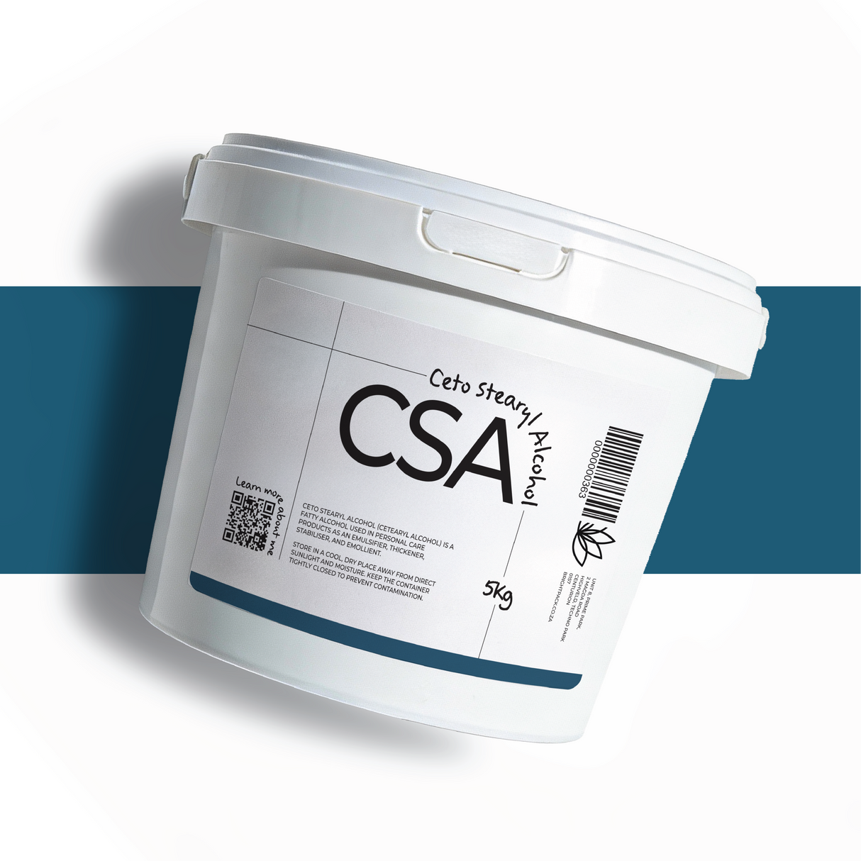 5Kg Cetearyl Alcohol in container, cosmetic fatty alcohol blend used as emulsifier, thickener, and stabiliser in skincare and haircare formulations