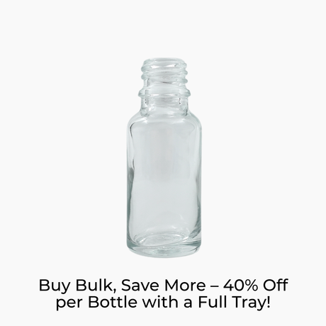 Clear 20ml glass dropper bottle on white background with label text