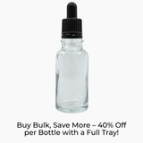 Clear 20ml glass bottle with black pipette dropper on white background