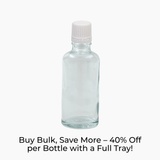 Clear 50ml glass bottle with white tamper-evident dropper cap on white background