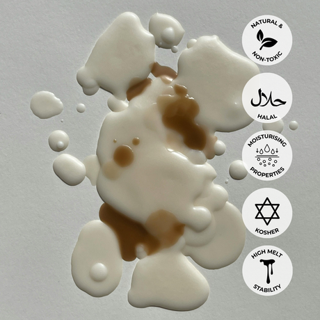White and brown wax drops on a gray background with product feature icons.