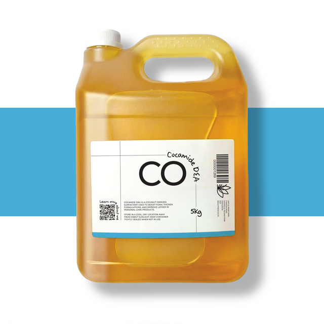 5Kg Cocamide DEA in bottle, coconut-derived surfactant for foaming, thickening, and stabilising shampoos, body washes, and cleansers