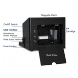 Black Desktop Printer with labeled components on a white background