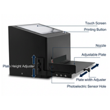 Black 3D printer with labeled parts on a white background