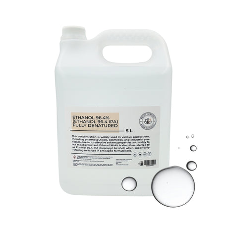 bulk 5-liter container of ethanol 96.4% on a white background for sanitiser and cosmetic formulations