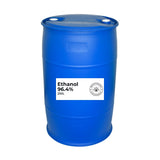 Bulk Blue drum 250L ethanol with a label on a white background