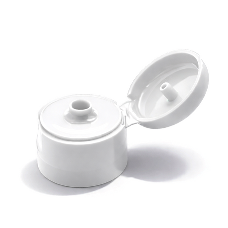 White Flip top caps for cosmetic and personal care bottles, ideal for shampoos, lotions and liquid packaging