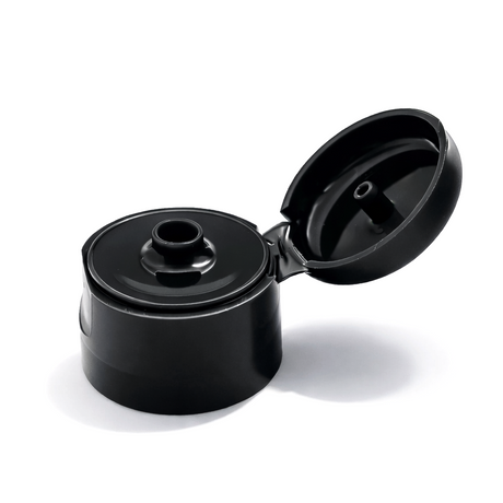 Black flip top caps for cosmetic and personal care bottles, ideal for shampoos, lotions and liquid packaging