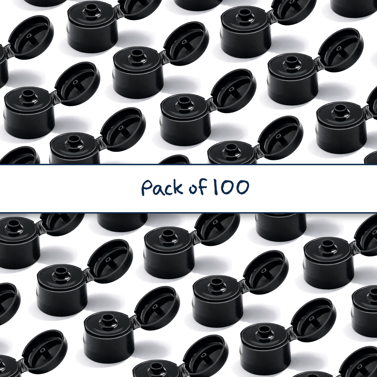 Multiple black flip top caps for cosmetic and personal care bottles, ideal for shampoos, lotions and liquid packaging