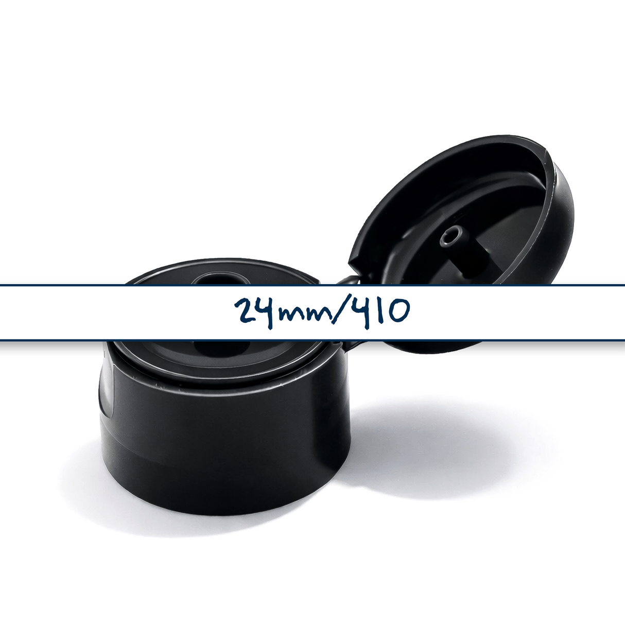 Black flip top caps for cosmetic and personal care bottles, ideal for shampoos, lotions and liquid packaging