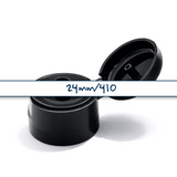 Black flip top caps for cosmetic and personal care bottles, ideal for shampoos, lotions and liquid packaging
