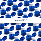 Multiple blue flip top caps for cosmetic and personal care bottles, ideal for shampoos, lotions and liquid packaging