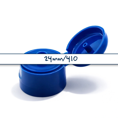 Blue flip top caps for cosmetic and personal care bottles, ideal for shampoos, lotions and liquid packaging