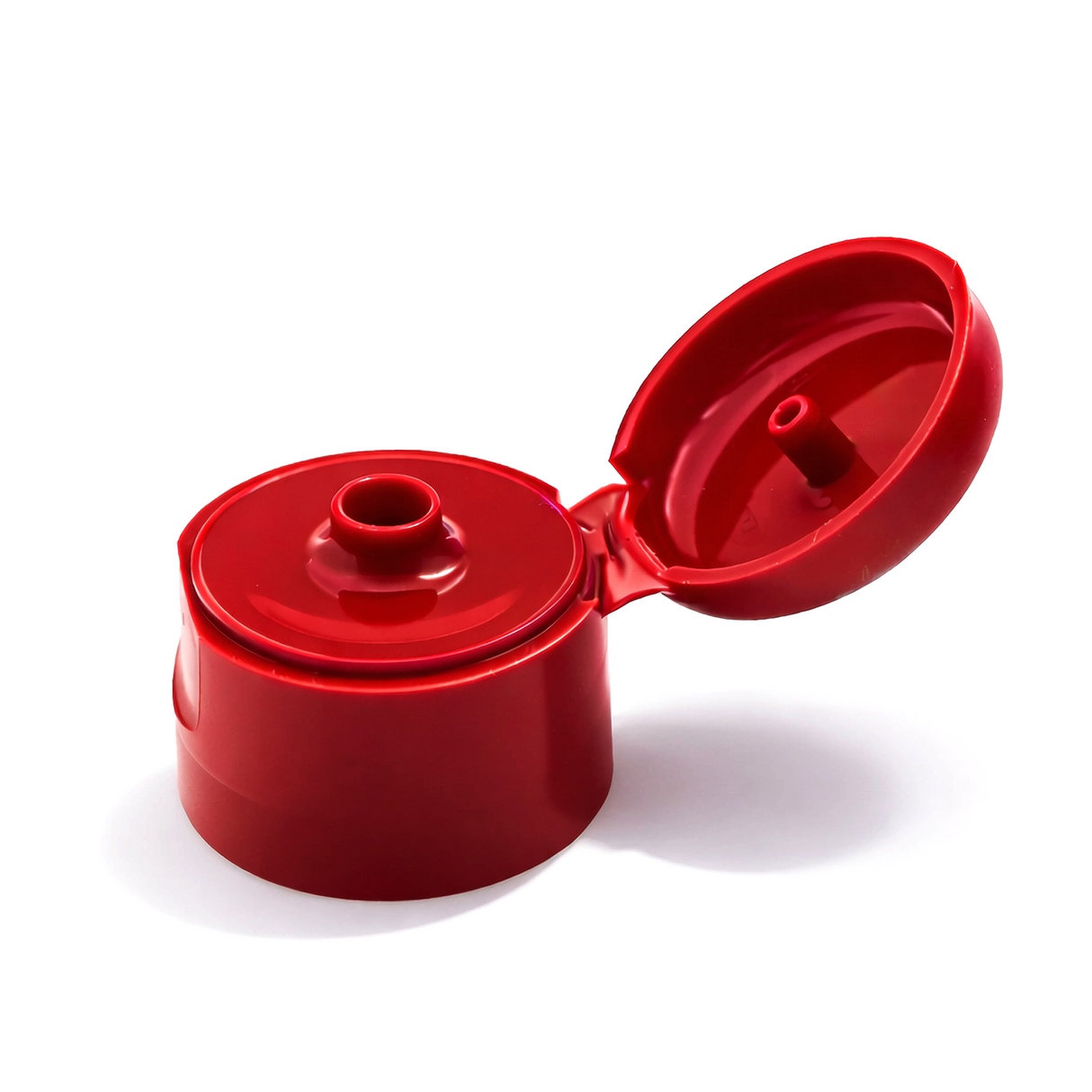 Red Flip top cap for cosmetic and personal care bottles, ideal for shampoos, lotions and liquid packaging