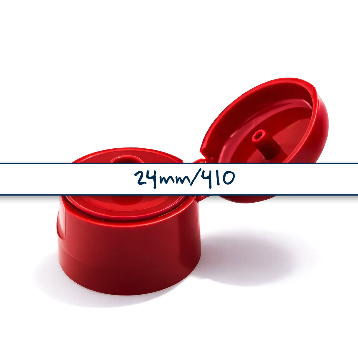 Red flip top caps for cosmetic and personal care bottles, ideal for shampoos, lotions and liquid packaging
