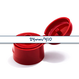 Red flip top caps for cosmetic and personal care bottles, ideal for shampoos, lotions and liquid packaging