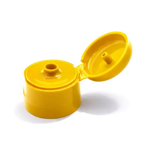 Yellow flip top caps for cosmetic and personal care bottles, ideal for shampoos, lotions and liquid packaging