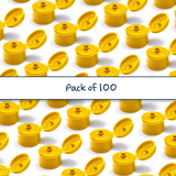 Multiple yellow flip top caps for cosmetic and personal care bottles, ideal for shampoos, lotions and liquid packaging